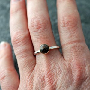 Blue Biggs Jasper Ring with 14k Gold Setting on Hammered Sterling Silver Band, US size 8