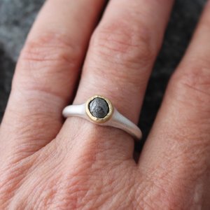 Raw Black Diamond Ring with 18K Gold and Sterling Silver, US Size 7.75