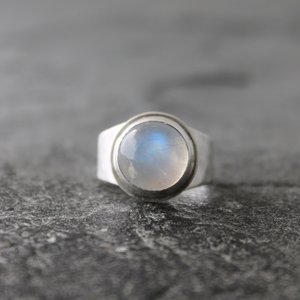 Rainbow Moonstone Ring with Hammered Sterling Silver Band, US size 7.5