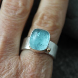 Aquamarine Ring with Hammered Sterling Silver Band and 14k Gold, US size 8