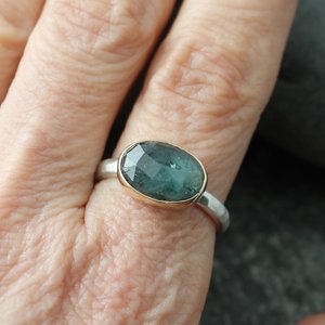 Teal Blue Kyanite Ring with 14K Gold and Hammered Sterling Silver Band, US Size 8
