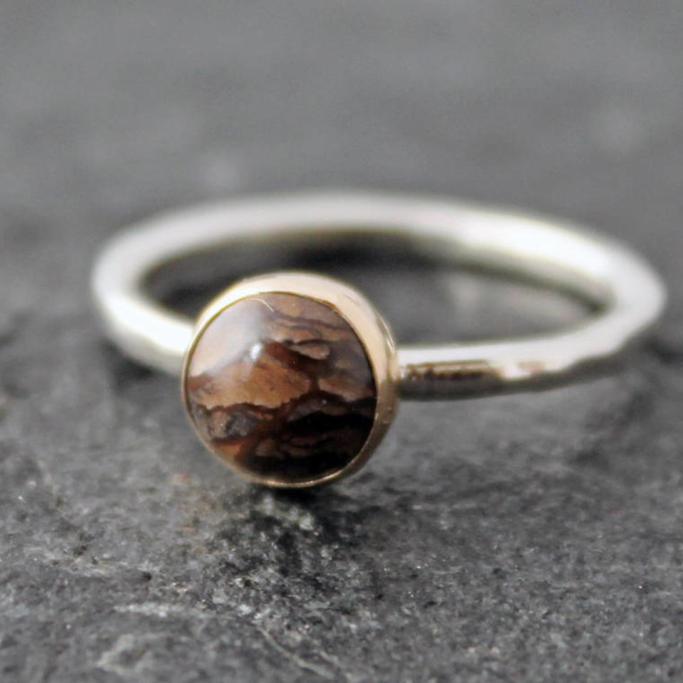 Blue Biggs Jasper Ring with 14k Gold Setting on Hammered Sterling Silver Band, US size 8