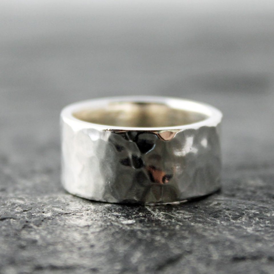 Hammered Sterling Silver Wedding Band Set, 2mm and 10mm Wide Rings