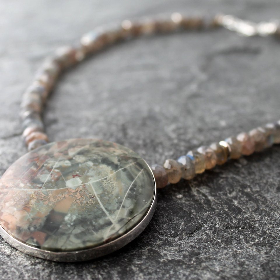 Morrisonite Jasper Moon Necklace with Labradorite and Silver