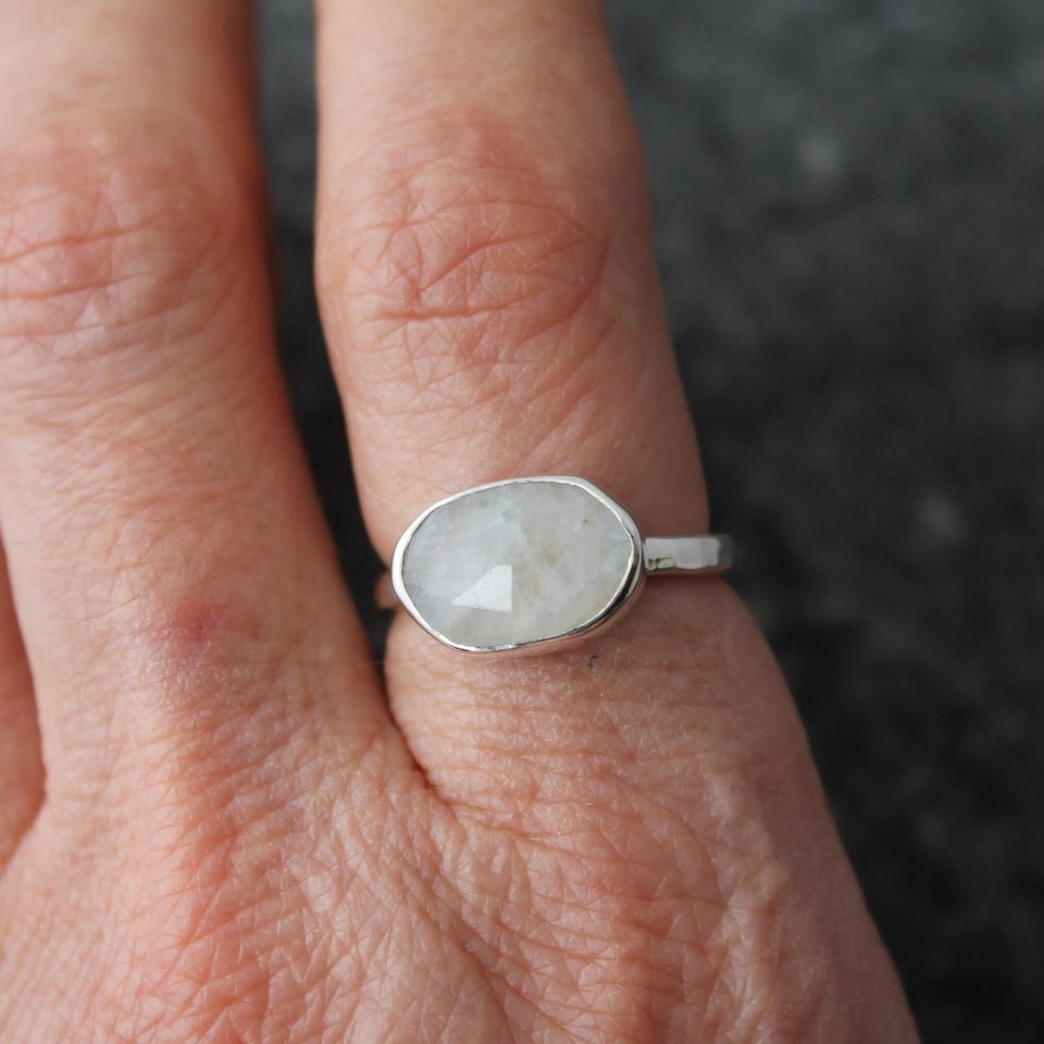 Rainbow Moonstone Ring with Sterling Silver, US size 6.25