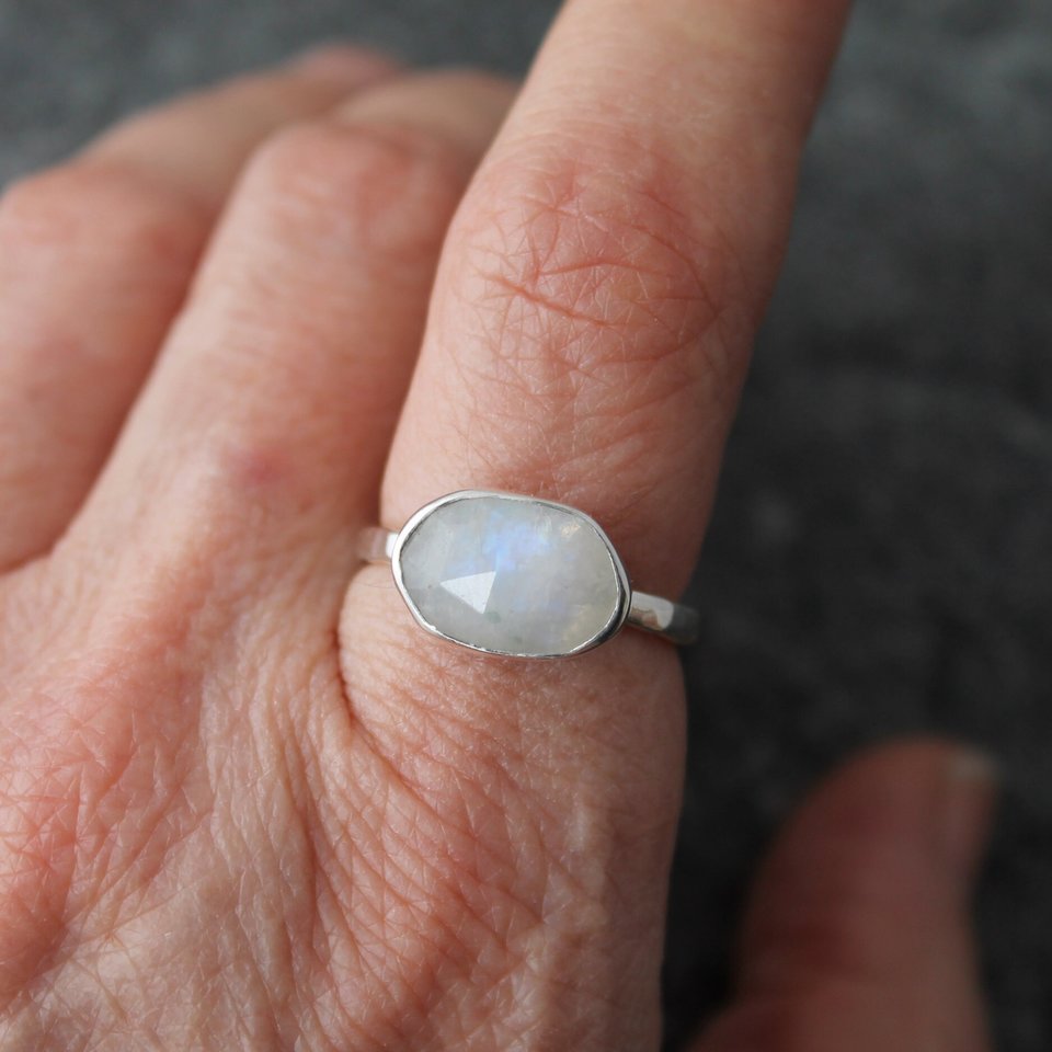Rainbow Moonstone Ring with Sterling Silver, US size 6.25