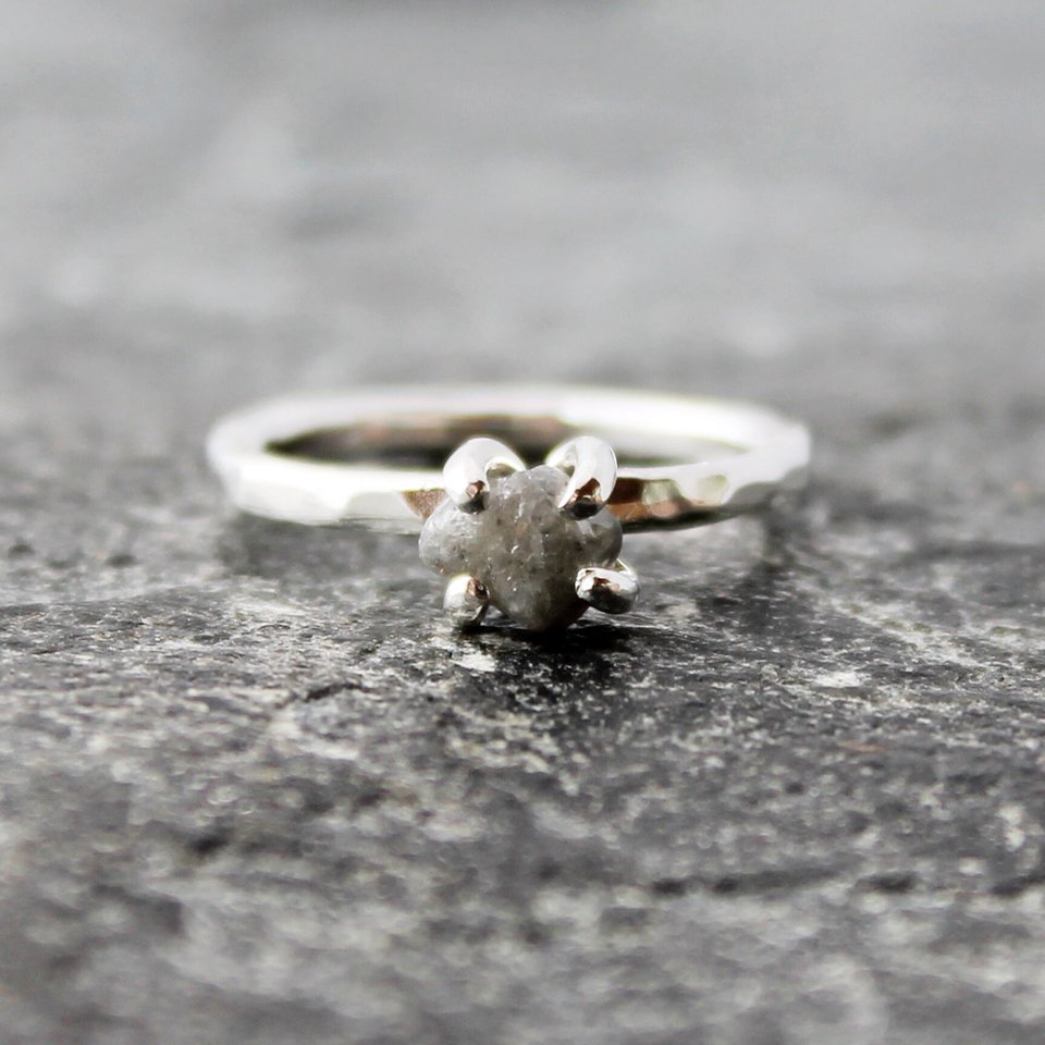 Raw Diamond Ring with Hammered Sterling Silver or 14k Gold Band