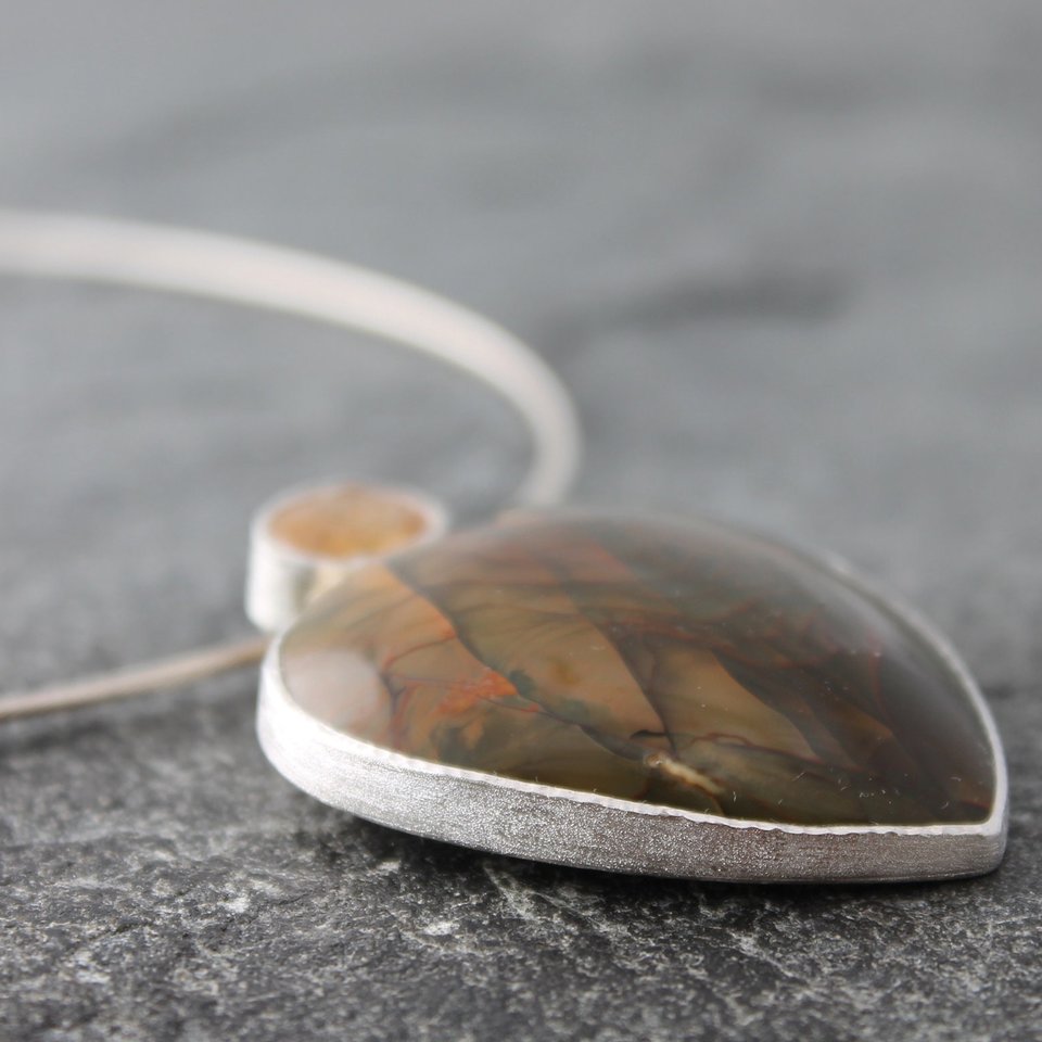 Blue Mountain Jasper Heart Necklace with Golden Imperial Topaz, Silver and 14K Gold