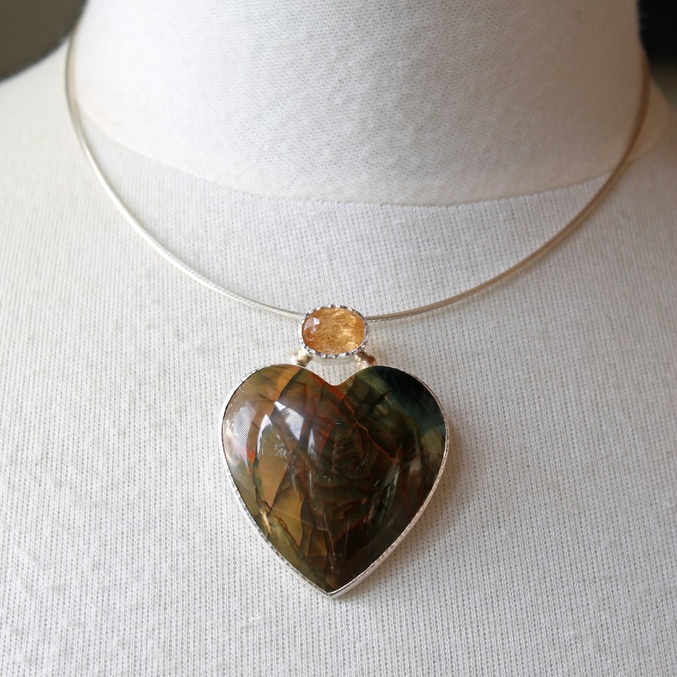 Blue Mountain Jasper Heart Necklace with Golden Imperial Topaz, Silver and 14K Gold