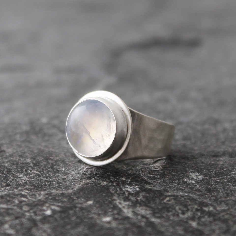 Rainbow Moonstone Ring with Hammered Sterling Silver Band, US size 7.5