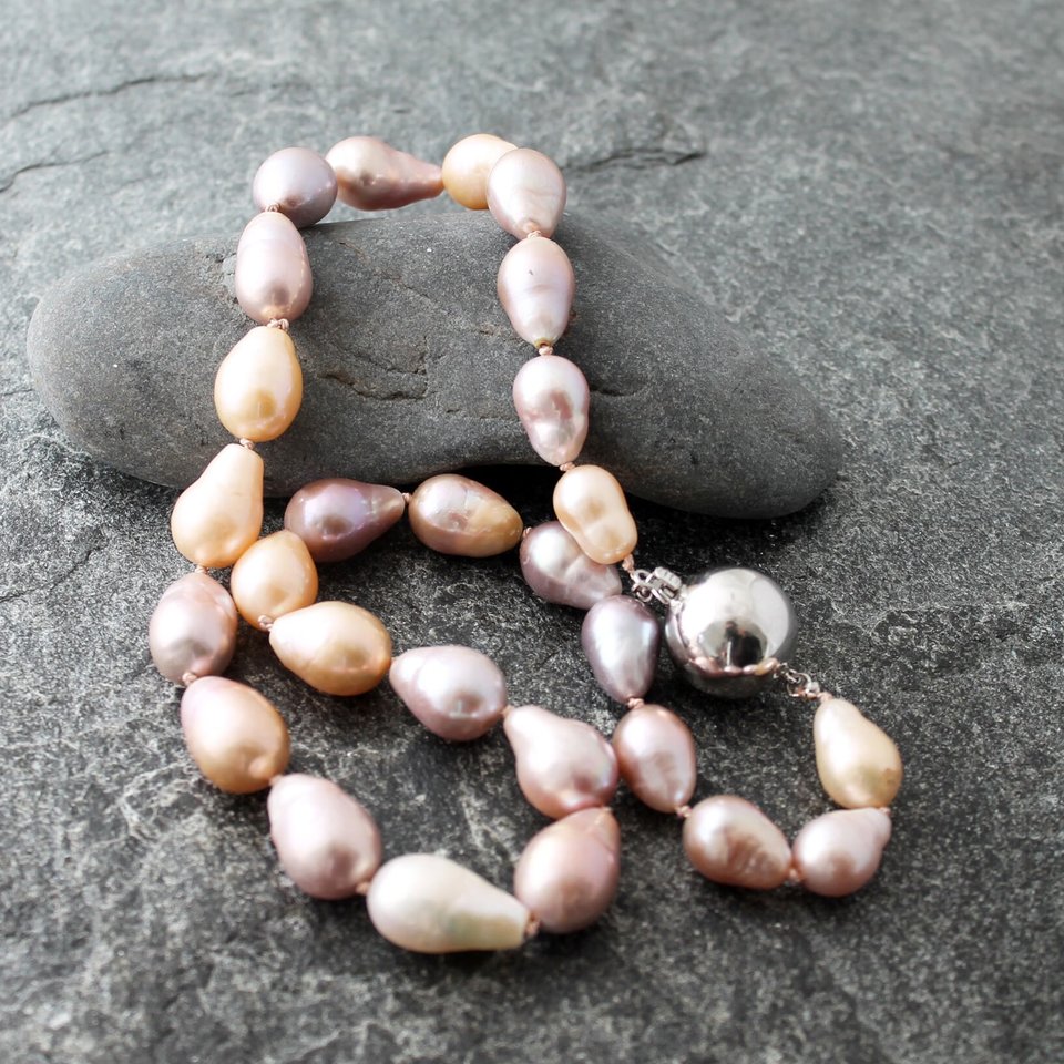 Hand Knotted Pink Pearl Necklace with Sterling Silver Ball Clasp