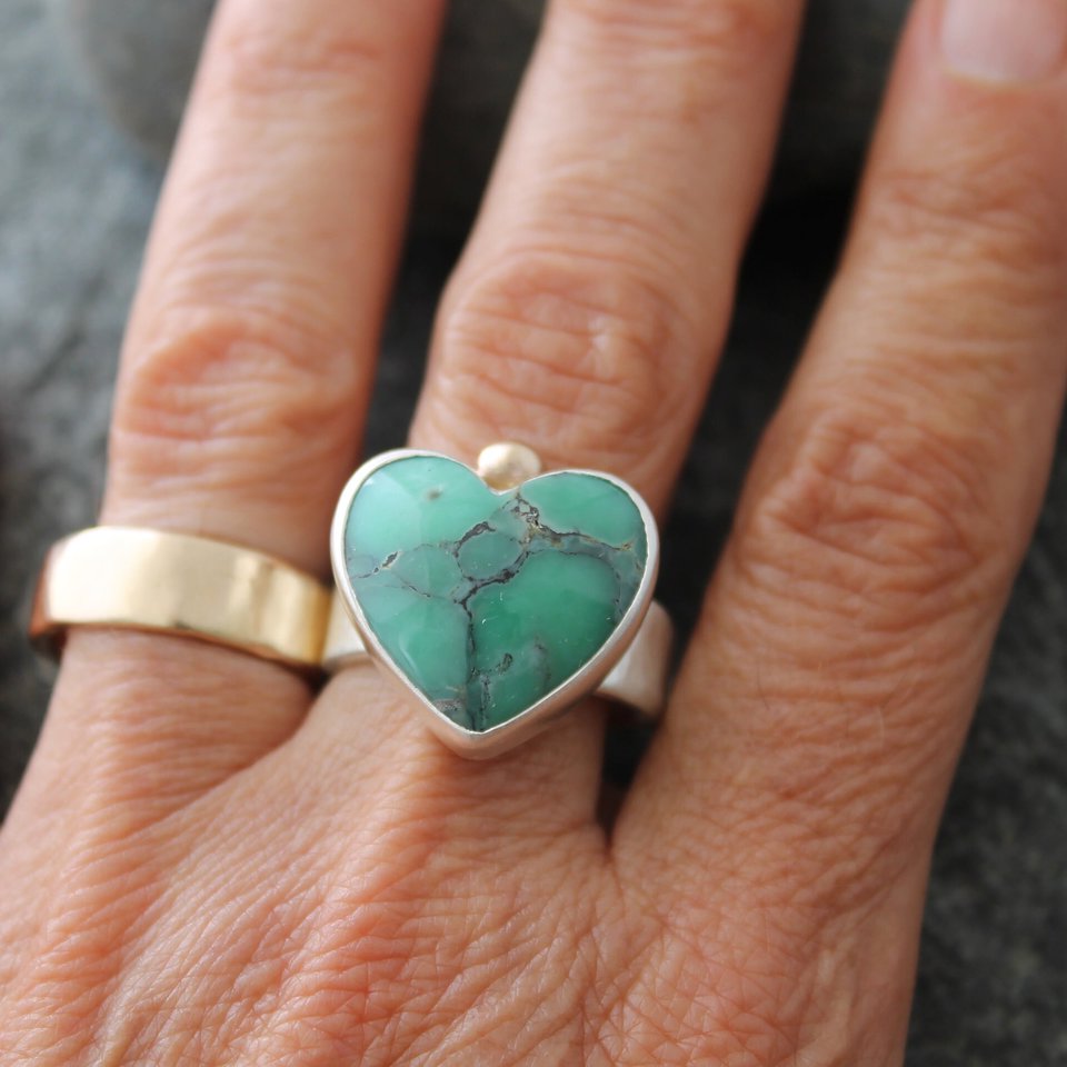 Desert Bloom Variscite Heart Ring with 14K Gold and Sterling Silver, US size 8