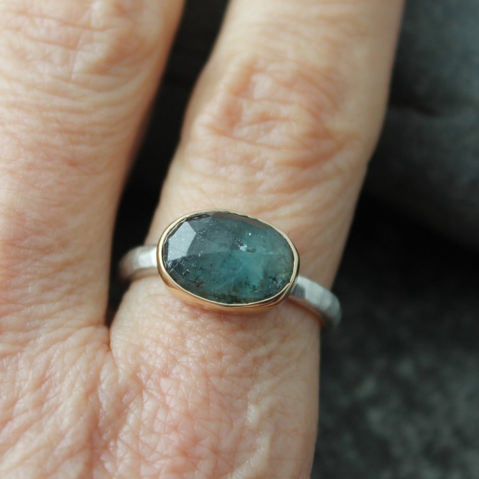 Teal Blue Kyanite Ring with 14K Gold and Hammered Sterling Silver Band, US Size 8