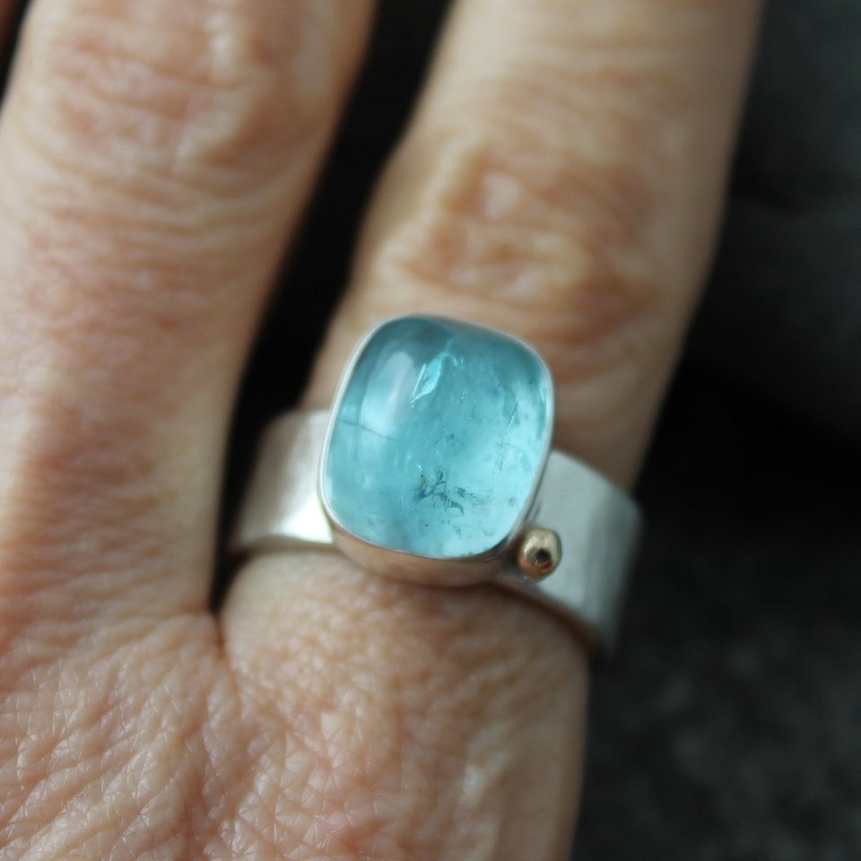 Aquamarine Ring with Hammered Sterling Silver Band and 14k Gold, US size 8