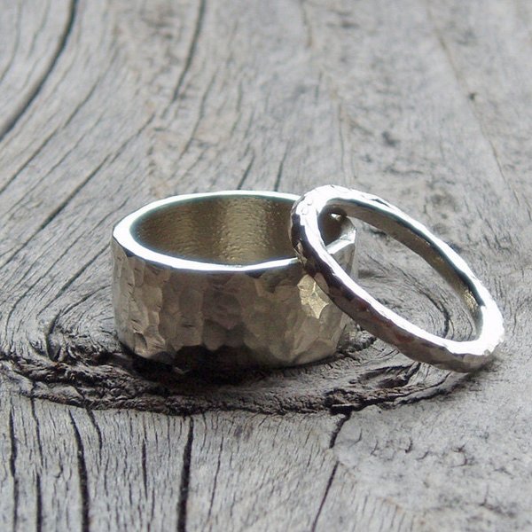 Hammered Sterling Silver Wedding Band Set, 2mm and 10mm Wide Rings