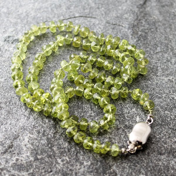 Peridot Hand Knotted Necklace with White Gold-Filled Pearl Clasp