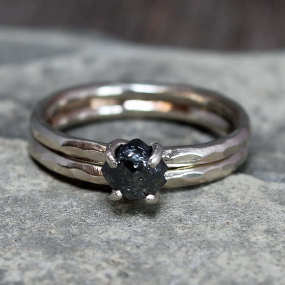 raw black diamond wedding band set