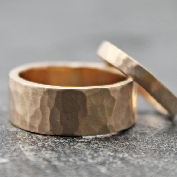 rustic hammered 14k gold wedding band set