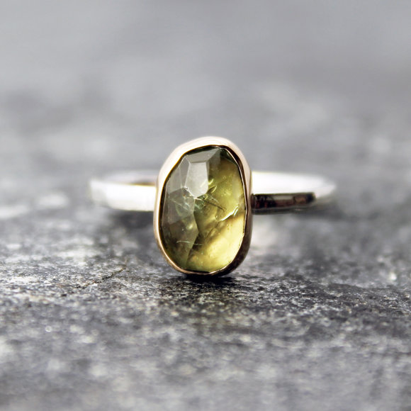 rose cut peridot gold and sterling silver alternative engagement ring