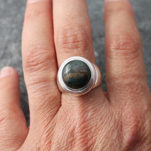 Morrisonite Jasper Ring with wide Sterling Silver Band, US Size 7