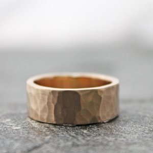 Hammered 14K Gold Wedding Band, 8mm Wide by 2mm Thick