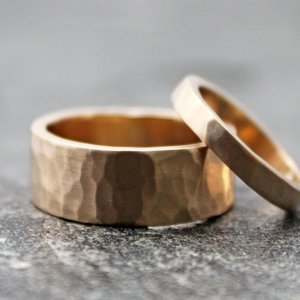 Hammered 14K Gold Wedding Band, 8mm Wide by 2mm Thick