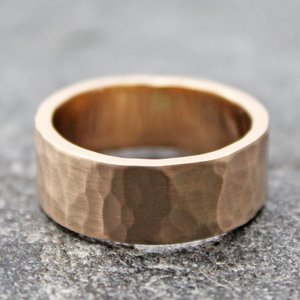 Hammered 14K Gold Wedding Band, 8mm Wide by 2mm Thick