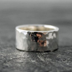 Hammered Sterling Silver Wedding Band Set, 2mm and 10mm Wide Rings