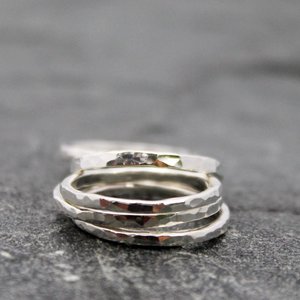 Hammered Sterling Silver Wedding Band Set, 2mm and 10mm Wide Rings