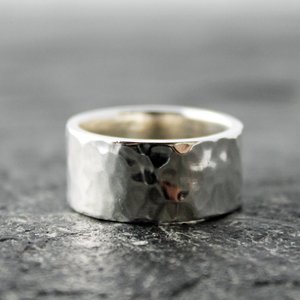 Hammered Sterling Silver Wedding Band Set, 2mm and 10mm Wide Rings