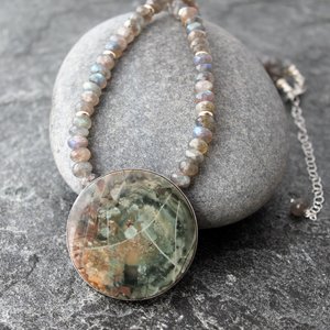 Morrisonite Jasper Moon Necklace with Labradorite and Silver