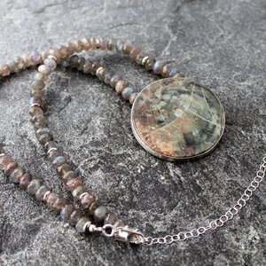 Morrisonite Jasper Moon Necklace with Labradorite and Silver