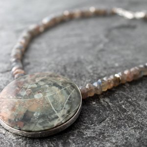 Morrisonite Jasper Moon Necklace with Labradorite and Silver