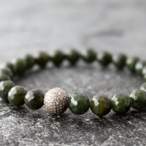 Nephrite Jade Stretch Bracelet with Pave Diamonds, 7" Wrist