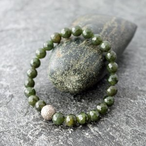 Nephrite Jade Stretch Bracelet with Pave Diamonds, 7" Wrist