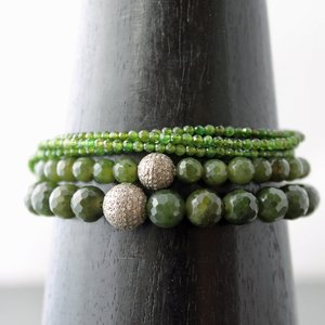 Nephrite Jade Stretch Bracelet with Pave Diamonds, 7" Wrist