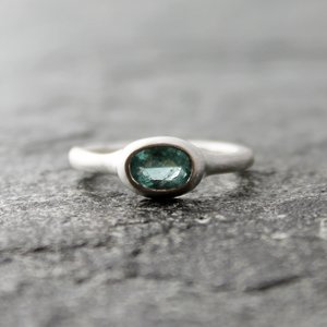 Blue Tourmaline Ring, Sterling Silver Band, Artisan Rustic Alternative Engagement Wedding Ring, Matte Satin Finish, US Size 8.25