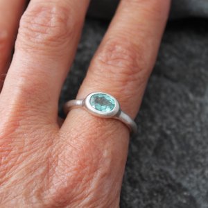 Blue Tourmaline Ring, Sterling Silver Band, Artisan Rustic Alternative Engagement Wedding Ring, Matte Satin Finish, US Size 8.25