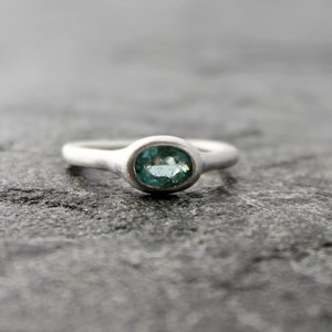 Blue Tourmaline Ring, Sterling Silver Band, Artisan Rustic Alternative Engagement Wedding Ring, Matte Satin Finish, US Size 8.25