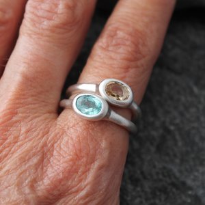 Blue Tourmaline Ring, Sterling Silver Band, Artisan Rustic Alternative Engagement Wedding Ring, Matte Satin Finish, US Size 8.25