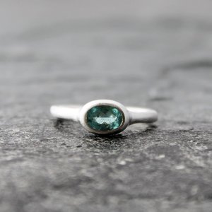 Blue Tourmaline Ring, Sterling Silver Band, Artisan Rustic Alternative Engagement Wedding Ring, Matte Satin Finish, US Size 8.25