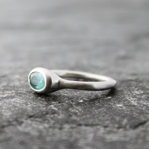 Blue Tourmaline Ring, Sterling Silver Band, Artisan Rustic Alternative Engagement Wedding Ring, Matte Satin Finish, US Size 8.25