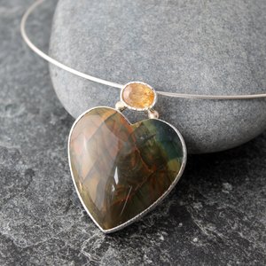 Blue Mountain Jasper Heart Necklace with Golden Imperial Topaz, Silver and 14K Gold