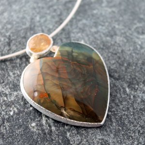 Blue Mountain Jasper Heart Necklace with Golden Imperial Topaz, Silver and 14K Gold