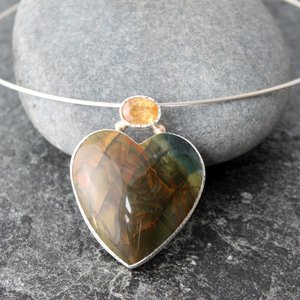 Blue Mountain Jasper Heart Necklace with Golden Imperial Topaz, Silver and 14K Gold