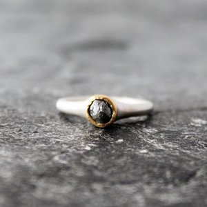 Raw Black Diamond Ring with 18K Gold and Tapered Sterling Silver Band, US Size 7.75