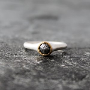 Raw Black Diamond Ring with 18K Gold and Tapered Sterling Silver Band, US Size 7.75