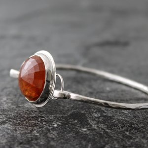 Hessonite Garnet and Hammered Sterling Silver Tension Cuff Bracelet, Fits up to 6.5" wrist