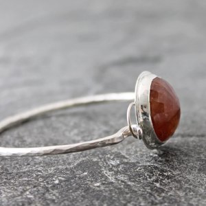 Hessonite Garnet and Hammered Sterling Silver Tension Cuff Bracelet, Fits up to 6.5" wrist