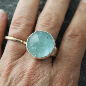 Blue Moon Aquamarine Ring with Hammered Sterling Silver Band,  US Size 8